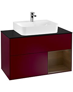 Villeroy und Boch Finion Waschtischunterschrank F122GNHB 100cm, Abdeckplatte black matt, Regal rechts Walnut veneer, Peony Matt