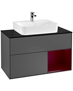 Villeroy und Boch Finion Waschtischunterschrank F122HBGK 100cm, Abdeckplatte black matt, Regal rechts Peony, Anthracite matt