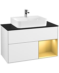 Villeroy und Boch Finion Villeroy und Boch F122HFGF 100cm, plaque de finition noir mat, étagère droite or mat, laqué blanc brillant