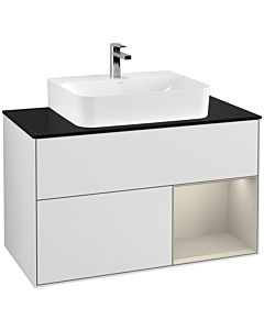 Villeroy und Boch Finion Waschtischunterschrank F122HHMT 100cm, Abdeckplatte black matt, Regal rechts Sand Matt, White matt lacquer