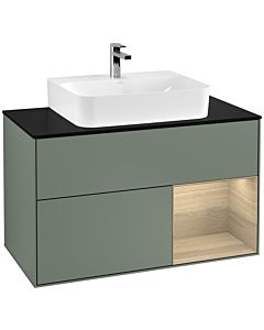 Villeroy und Boch Finion Waschtischunterschrank F122PCGM 100cm, Abdeckplatte black matt, Regal rechts Oak Veneer, Olive Matt Lacquer