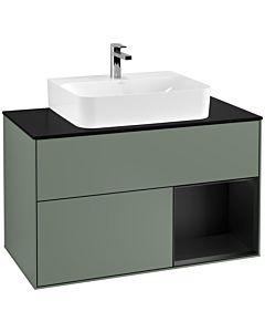 Villeroy und Boch Finion Waschtischunterschrank F122PDGM 100cm, Abdeckplatte black matt, Regal rechts Black matt lacquer, Olive Matt Lacquer