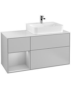 Villeroy und Boch Finion Waschtischunterschrank F141GJGJ 120cm, Abdeckplatte glass white Matt, Regal links Light grey matt, Light grey matt