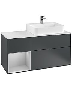 Villeroy und Boch Finion Waschtischunterschrank F141GJHG 120cm, Abdeckplatte glass white Matt, Regal links Light grey matt, Midnight Blue Matt Lacquer