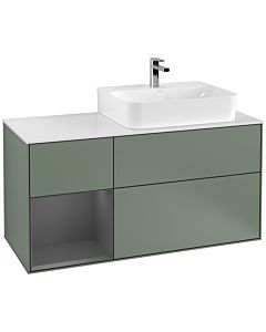Villeroy und Boch Finion Villeroy und Boch F141GKGM 120cm, plaque de recouvrement verre blanc mat, étagère gauche anthracite mat, Olive Matt Lacquer