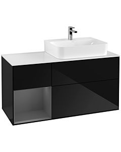 Villeroy und Boch Finion Waschtischunterschrank F141GKPH 120cm, Abdeckplatte glass white Matt, Regal links Anthracite matt, Glossy Black Lacquer