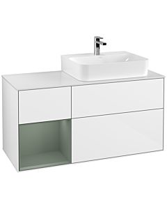 Villeroy und Boch Finion Villeroy und Boch F141GMGF 120cm, plaque de recouvrement verre blanc mat, étagère gauche Olive Matt Lacquer , laqué blanc brillant