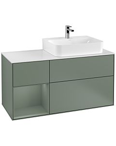 Villeroy und Boch Finion Waschtischunterschrank F141GMGM 120cm, Abdeckplatte glass white Matt, Regal links Olive Matt Lacquer, Olive Matt Lacquer