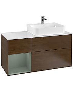 Villeroy und Boch Finion Waschtischunterschrank F141GMGN 120cm, Abdeckplatte glass white Matt, Regal links Olive Matt Lacquer, Walnut veneer