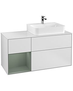 Villeroy und Boch Finion Waschtischunterschrank F141GMMT 120cm, Abdeckplatte glass white Matt, Regal links Olive Matt Lacquer, White matt lacquer