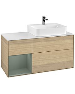 Villeroy und Boch Finion Villeroy und Boch F141GMPC 120cm, plaque de recouvrement verre blanc mat, étagère gauche Olive Matt Lacquer , Oak Veneer