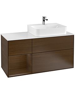 Villeroy und Boch Finion Villeroy und Boch F141GNGN 120cm, plaque de recouvrement verre blanc mat, étagère gauche placage noyer, placage noyer