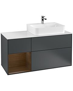 Villeroy und Boch Finion Villeroy und Boch F141GNHG 120cm, plaque de recouvrement verre blanc mat, étagère gauche placage noyer, Midnight Blue Matt Lacquer