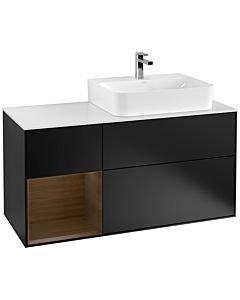 Villeroy und Boch Finion Waschtischunterschrank F141GNPD 120cm, Abdeckplatte glass white Matt, Regal links Walnut veneer, Black matt lacquer