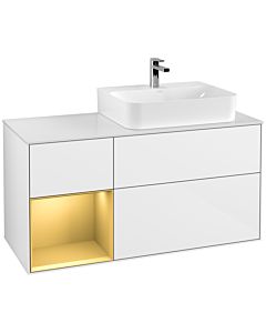Villeroy und Boch Finion Villeroy und Boch F141HFGF 120cm, plaque de recouvrement verre blanc mat, étagère gauche or mat, laqué blanc brillant