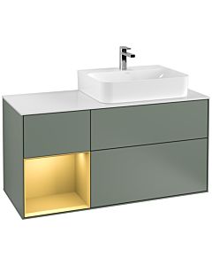 Villeroy und Boch Finion Villeroy und Boch F141HFGM 120cm, plaque de recouvrement verre blanc mat, étagère gauche or mat, Olive Matt Lacquer