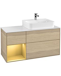 Villeroy und Boch Finion Villeroy und Boch F141HFPC 120cm, plaque de recouvrement verre blanc mat, étagère gauche or mat, Oak Veneer