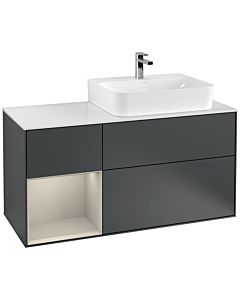 Villeroy und Boch Finion Waschtischunterschrank F141HHHG 120cm, Abdeckplatte glass white Matt, Regal links Sand Matt Lacquer, Midnight Blue Matt Lacquer