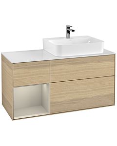 Villeroy und Boch Finion Villeroy und Boch F141HHPC 120cm, plaque de recouvrement verre blanc mat, étagère gauche Sand Matt Lacquer , Oak Veneer