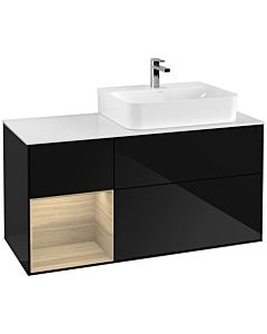 Villeroy und Boch Finion Waschtischunterschrank F141PCPH 120cm, Abdeckplatte glass white Matt, Regal links Oak Veneer, Glossy Black Lacquer