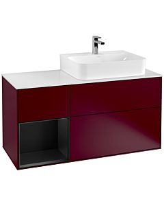 Villeroy und Boch Finion Waschtischunterschrank F141PDHB 120cm, Abdeckplatte glass white Matt, Regal links Black matt lacquer, Peony Matt
