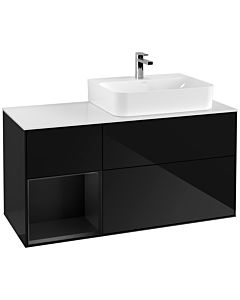 Villeroy und Boch Finion Waschtischunterschrank F141PDPH 120cm, Abdeckplatte glass white Matt, Regal links Black matt lacquer, Glossy Black Lacquer