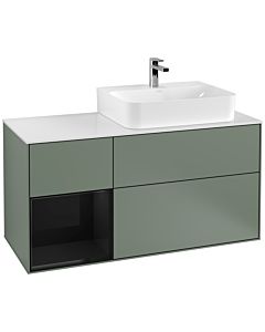 Villeroy und Boch Finion Waschtischunterschrank F141PHGM 120cm, Abdeckplatte glass white Matt, Regal links Glossy Black Lacquer, Olive Matt Lacquer