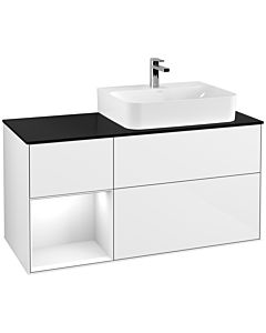 Villeroy und Boch Finion Villeroy und Boch F142GFGF 120cm, plaque de recouvrement verre noir mat, étagère gauche laqué blanc brillant, laqué blanc brillant