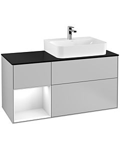 Villeroy und Boch Finion Waschtischunterschrank F142GFGJ 120cm, Abdeckplatte Glass Black Matt, Regal links Glossy white lacquer, Light grey matt
