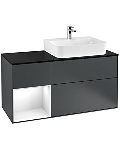 Villeroy und Boch Finion Waschtischunterschrank F142GFHG 120cm, Abdeckplatte Glass Black Matt, Regal links Glossy white lacquer, Midnight Blue Matt Lacquer