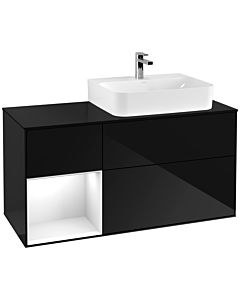 Villeroy und Boch Finion Waschtischunterschrank F142GFPH 120cm, Abdeckplatte Glass Black Matt, Regal links Glossy white lacquer, Glossy Black Lacquer