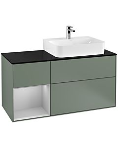 Villeroy und Boch Finion Villeroy und Boch F142GJGM 120cm, plaque de recouvrement verre noir mat, étagère gauche gris clair mat, Olive Matt Lacquer