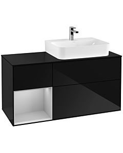 Villeroy und Boch Finion Waschtischunterschrank F142GJPH 120cm, Abdeckplatte Glass Black Matt, Regal links Light grey matt, Glossy Black Lacquer