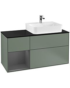 Villeroy und Boch Finion Waschtischunterschrank F142GKGM 120cm, Abdeckplatte Glass Black Matt, Regal links Anthracite matt, Olive Matt Lacquer