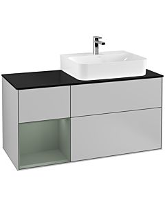 Villeroy und Boch Finion Waschtischunterschrank F142GMGJ 120cm, Abdeckplatte Glass Black Matt, Regal links Olive Matt Lacquer, Light grey matt