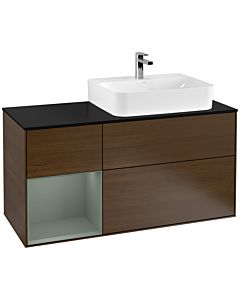 Villeroy und Boch Finion Waschtischunterschrank F142GMGN 120cm, Abdeckplatte Glass Black Matt, Regal links Olive Matt Lacquer, Walnut veneer