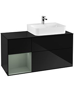 Villeroy und Boch Finion Waschtischunterschrank F142GMPH 120cm, Abdeckplatte Glass Black Matt, Regal links Olive Matt Lacquer, Glossy Black Lacquer