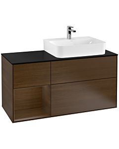 Villeroy und Boch Finion Waschtischunterschrank F142GNGN 120cm, Abdeckplatte Glass Black Matt, Regal links Walnut veneer, Walnut veneer