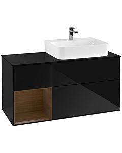 Villeroy und Boch Finion Waschtischunterschrank F142GNPH 120cm, Abdeckplatte Glass Black Matt, Regal links Walnut veneer, Glossy Black Lacquer