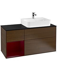 Villeroy und Boch Finion Waschtischunterschrank F142HBGN 120cm, Abdeckplatte Glass Black Matt, Regal links Peony, Walnut veneer