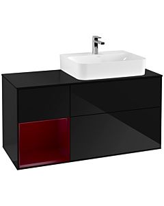 Villeroy und Boch Finion Waschtischunterschrank F142HBPH 120cm, Abdeckplatte Glass Black Matt, Regal links Peony, Glossy Black Lacquer