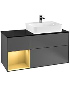 Villeroy und Boch Finion Waschtischunterschrank F142HFGK 120cm, Abdeckplatte Glass Black Matt, Regal links Gold matt, Anthracite matt