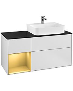 Villeroy und Boch Finion Villeroy und Boch F142HFMT 120cm, plaque de recouvrement verre noir mat, étagère gauche or mat, blanc laqué mat