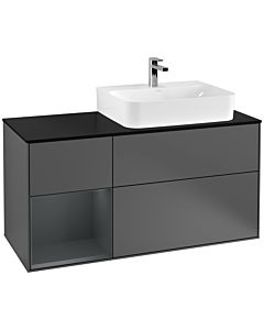 Villeroy und Boch Finion Waschtischunterschrank F142HGGK 120cm, Abdeckplatte Glass Black Matt, Regal links Midnight Blue Matt Lacquer, Anthracite matt