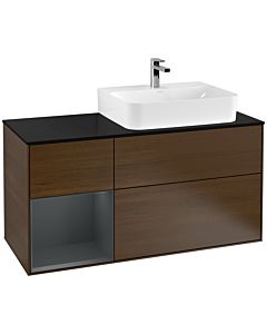 Villeroy und Boch Finion Waschtischunterschrank F142HGGN 120cm, Abdeckplatte Glass Black Matt, Regal links Midnight Blue Matt Lacquer, Walnut veneer