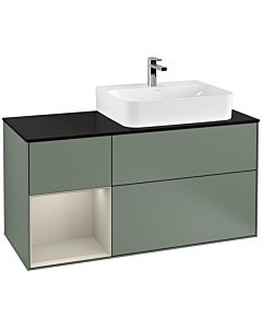Villeroy und Boch Finion Waschtischunterschrank F142HHGM 120cm, Abdeckplatte Glass Black Matt, Regal links Sand Matt Lacquer, Olive Matt Lacquer