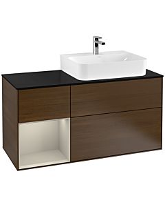 Villeroy und Boch Finion Waschtischunterschrank F142HHGN 120cm, Abdeckplatte Glass Black Matt, Regal links Sand Matt Lacquer, Walnut veneer