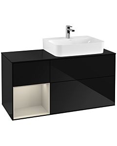 Villeroy und Boch Finion Waschtischunterschrank F142HHPH 120cm, Abdeckplatte Glass Black Matt, Regal links Sand Matt Lacquer, Glossy Black Lacquer