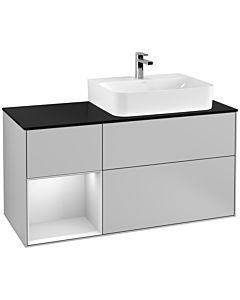 Villeroy und Boch Finion Waschtischunterschrank F142MTGJ 120cm, Abdeckplatte Glass Black Matt, Regal links White matt lacquer, Light grey matt