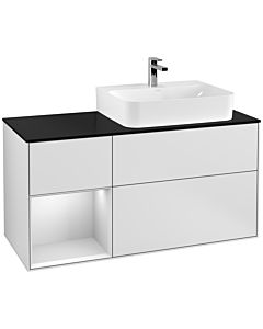 Villeroy und Boch Finion Waschtischunterschrank F142MTMT 120cm, Abdeckplatte Glass Black Matt, Regal links White matt lacquer, White matt lacquer